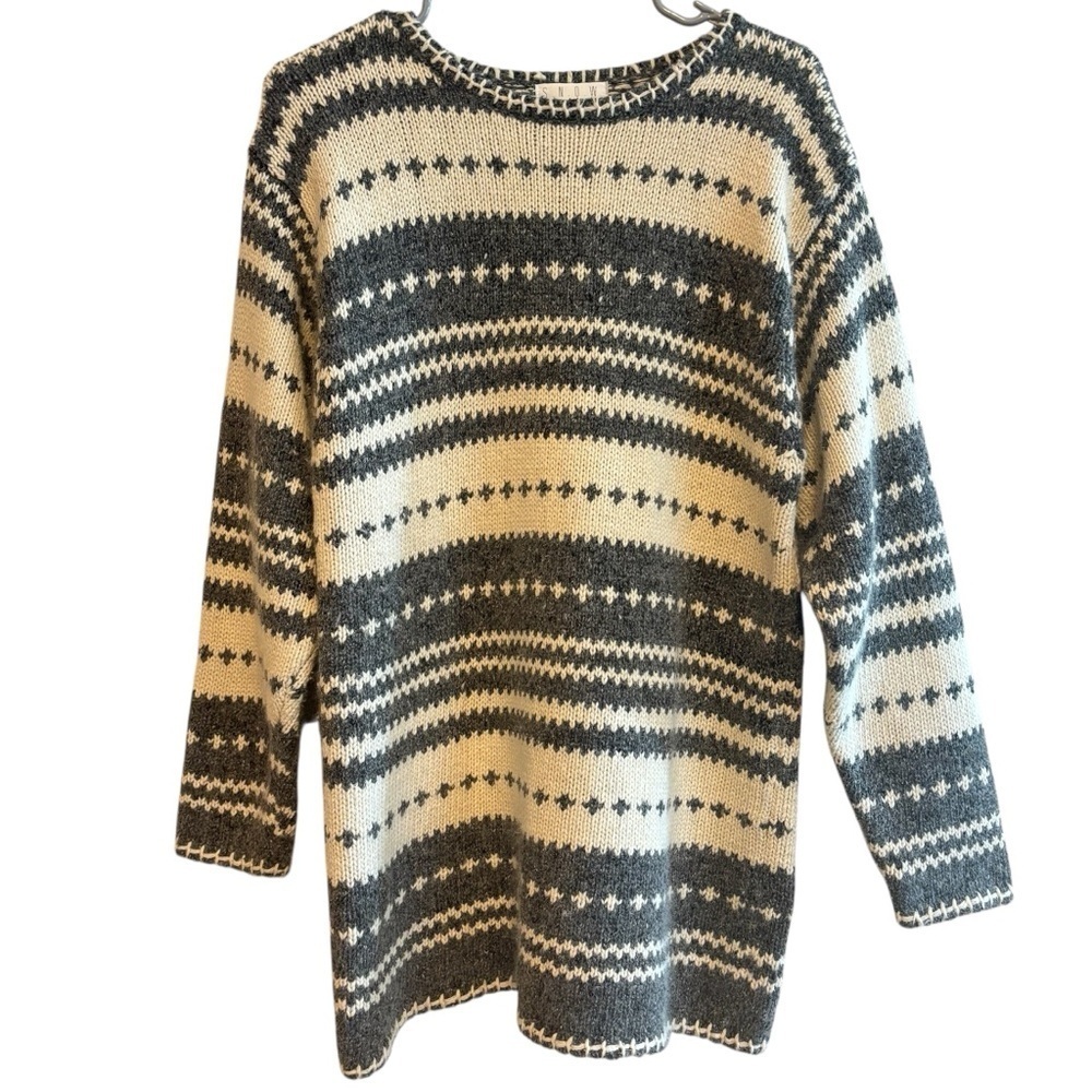 S.N.O.W. Gray Ivory Silk Angora Rabbit Hair Oversized Ski Sweater Size Small